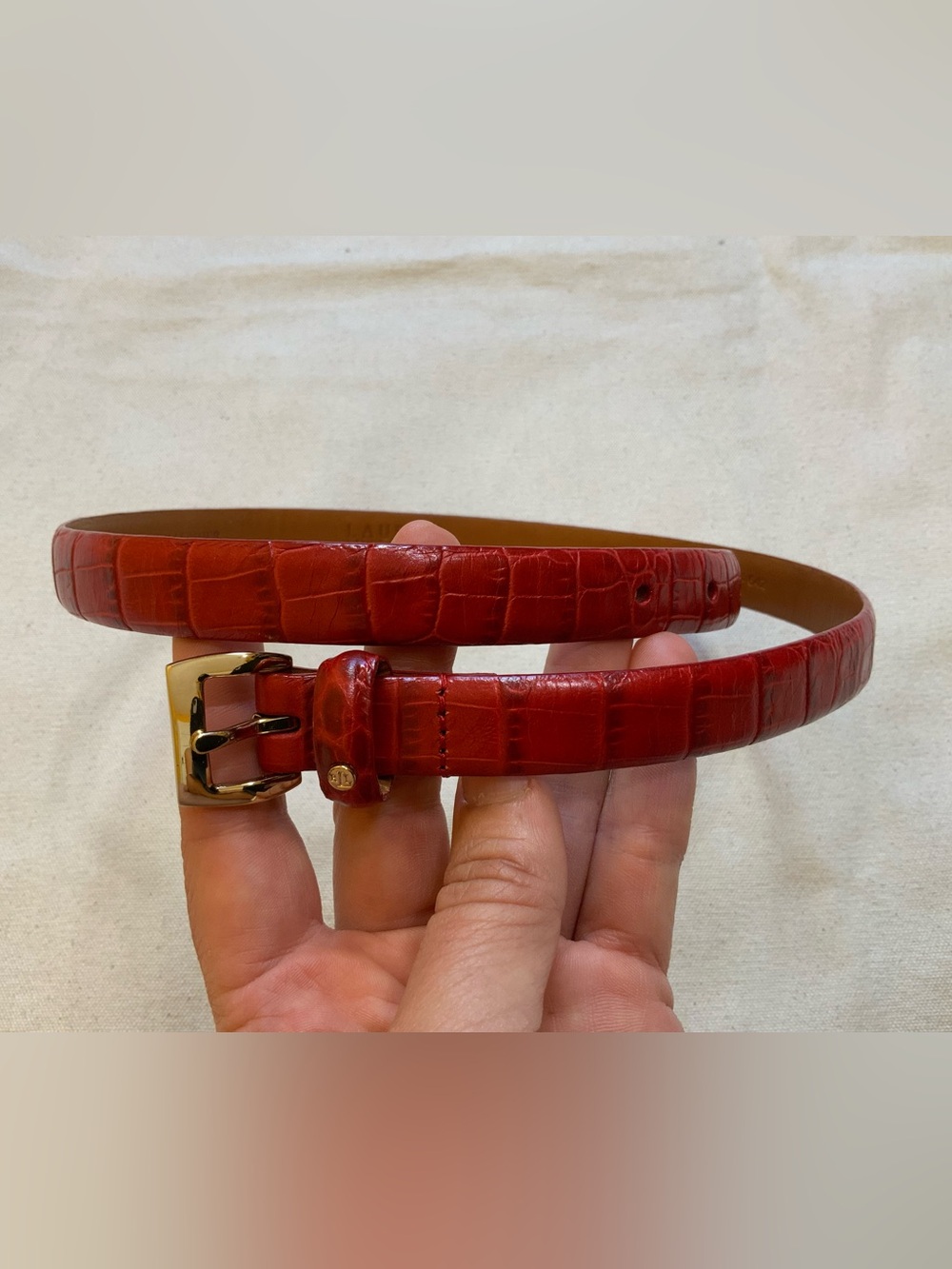 Ralph Lauren Red Croc-Embossed Leather Belt with Gold Buckle S